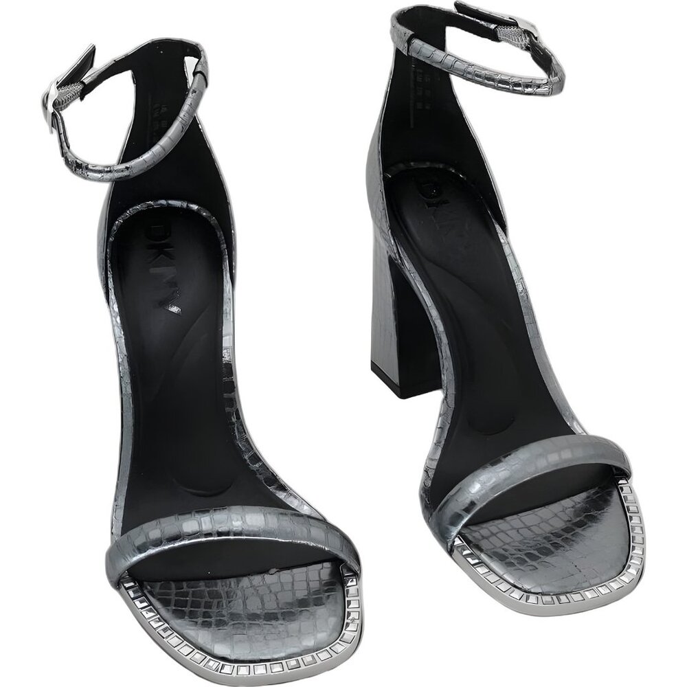 DKNY Waylin ankle-strap block heel sandals silver snakeskin US 6.5M EU 37